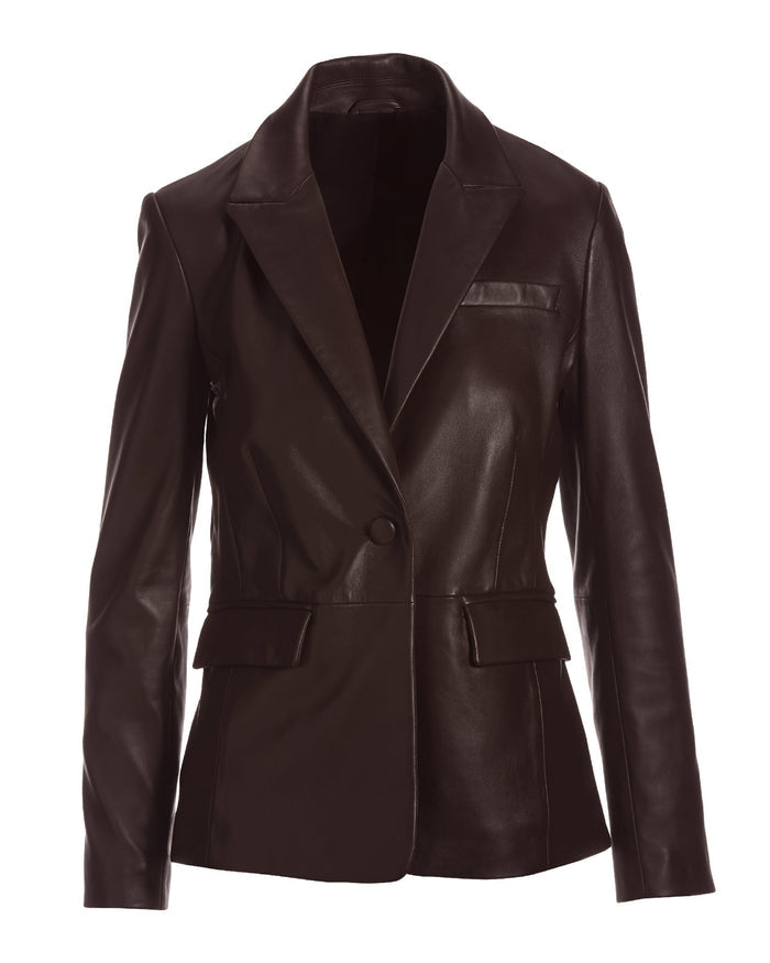 Leather Single Button Blazer Chocolate Brown