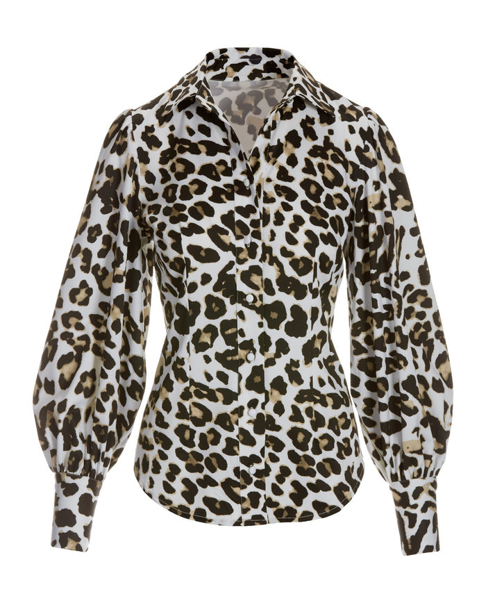Leopard Print Victoria Drama Sleeve Shirt Ivory