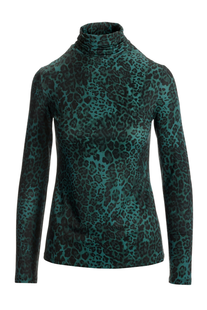 Leopard Turtleneck Knit Long-Sleeve Top Green