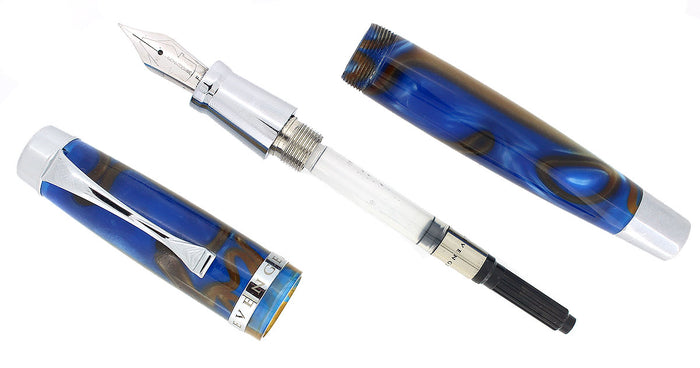 LEVENGER PLUMPSTER TIDES "BLUE & BROWN SWIRL" ACRYLIC FOUNTAIN PEN FINE NIB OFFERED BY ANTIQUE DIGGER