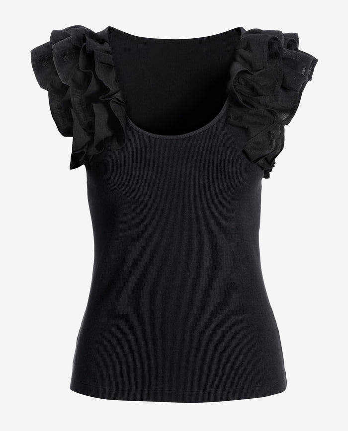Linen Ruffle Ribbed Top Black