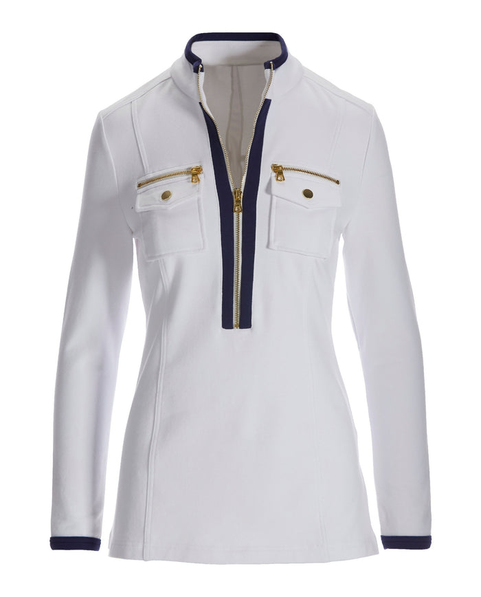 Long Sleeve Chic Zip Top White Navy