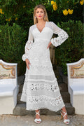 Long Sleeve Lace Pom Pom Dress White