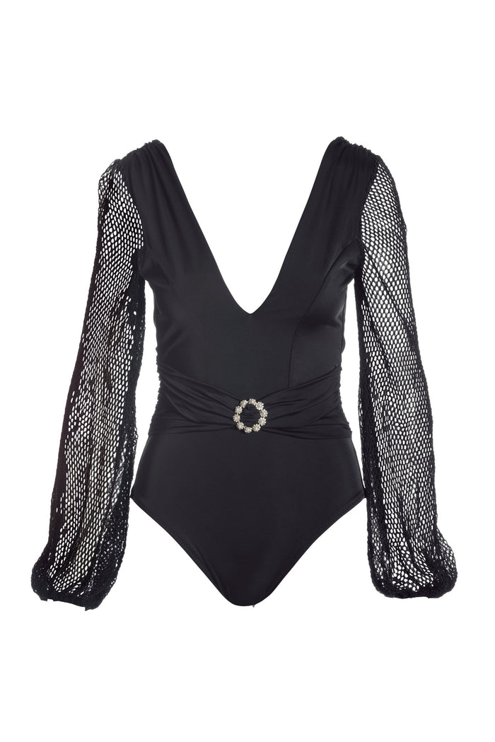 Long Sleeve Plunge One Piece Black