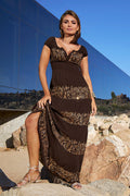 Metallic Detail Tiered Peasant Maxi Dress Coffee Bean