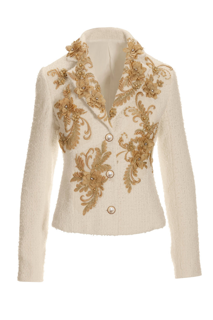 Metallic Floral Appliqu Tweed Parisian Jacket Off White/Gold