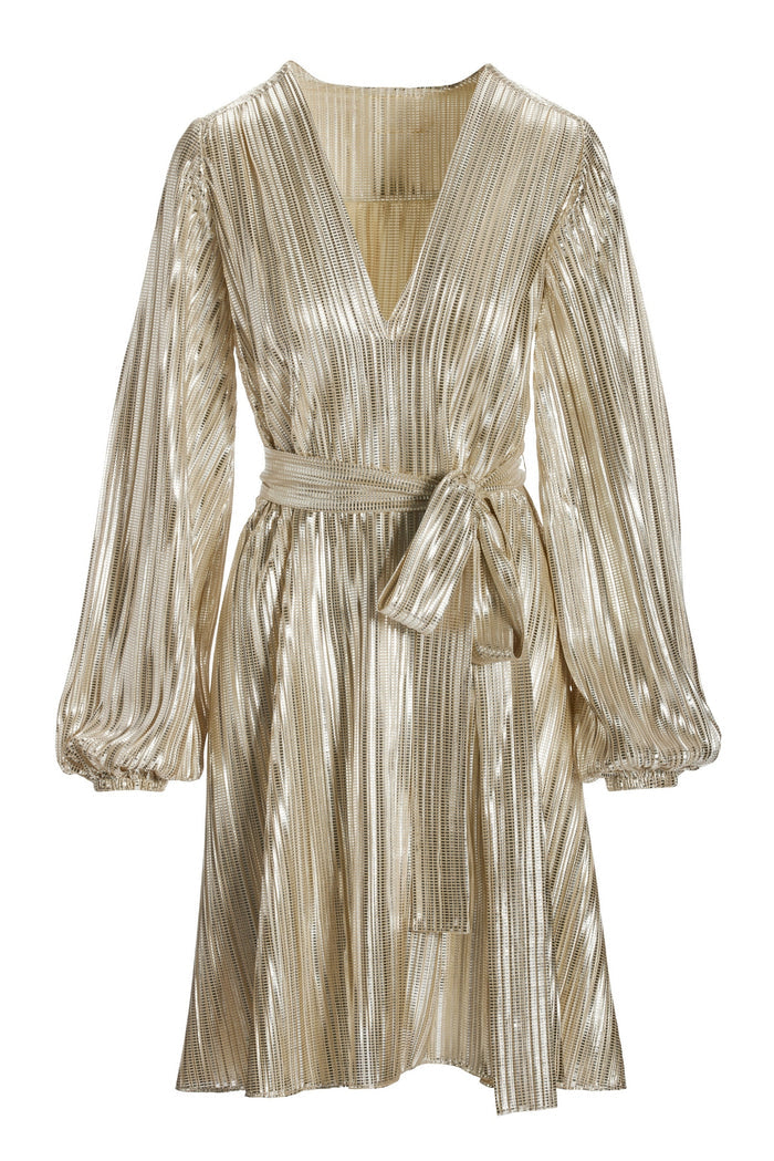 Metallic Pleated Long-Sleeve Dress Platinum