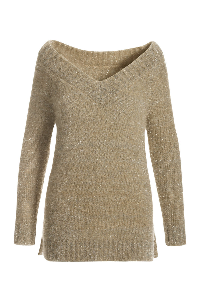 Metallic V Neck Cozy Sweater Tunic Gold
