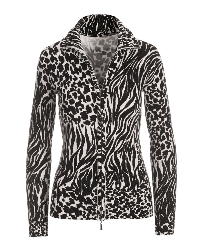 Mixed Animal Proper Zip Up Cardigan Black/Off White