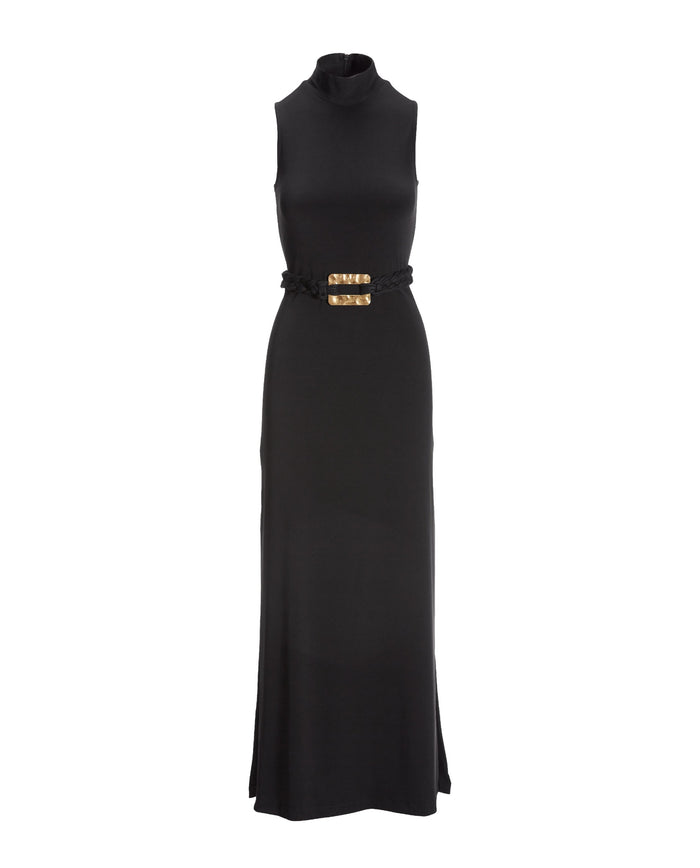 Mock Neck Belted Dress Black