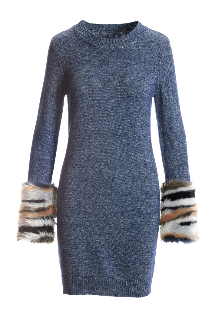 Multi Faux Fur Cuff Lurex Sweater Dress Blue Multi