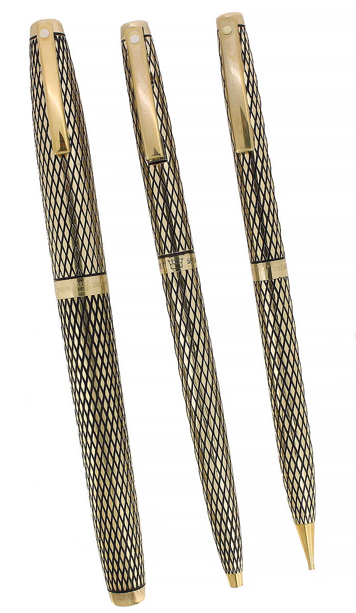 NEVER INKED C1975 SHEAFFER 14K GOLD FILLED SOVEREIGN IMPERIAL FOUNTAIN PEN, BALLPOINT & PENCIL SET OFFERED BY ANTIQUE DIGGER