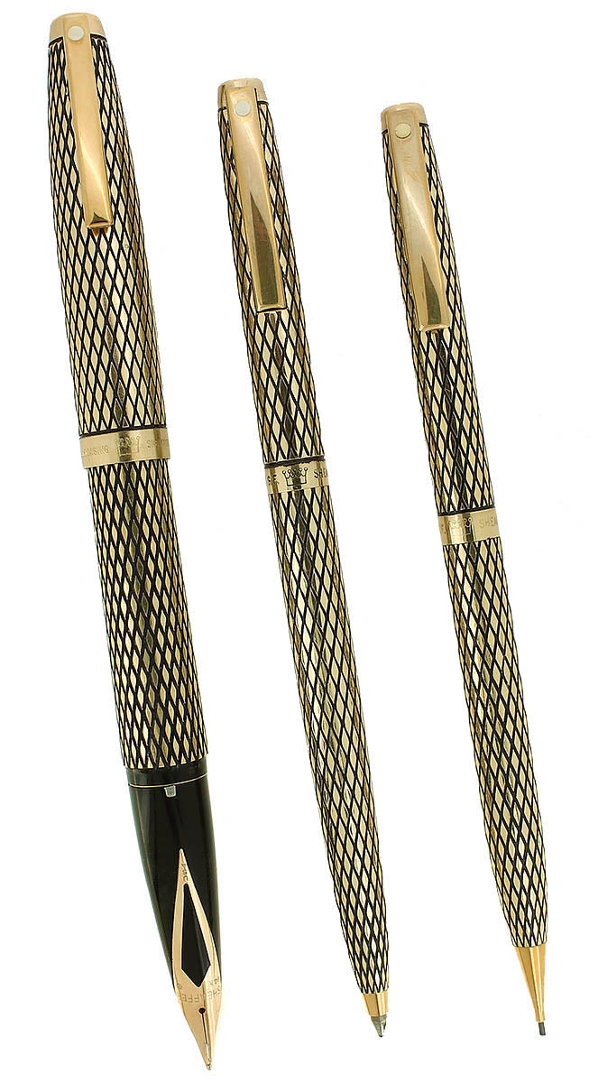 NEVER INKED C1975 SHEAFFER 14K GOLD FILLED SOVEREIGN IMPERIAL FOUNTAIN PEN, BALLPOINT & PENCIL SET OFFERED BY ANTIQUE DIGGER