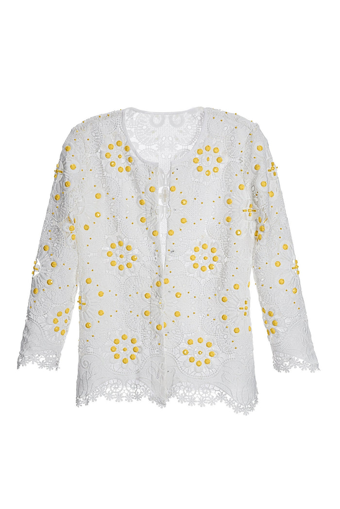 Novelty Floral Beaded Lace Jacket Yellow/White
