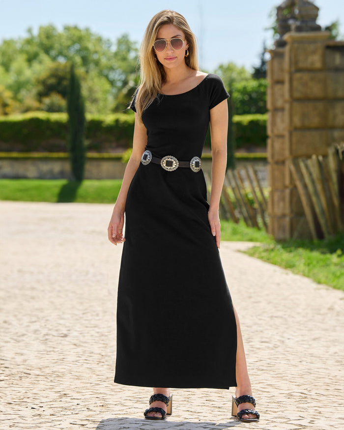 Off the Shoulder Short Sleeve Maxi Dress Black