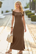 Off the Shoulder Short Sleeve Maxi Dress Brown