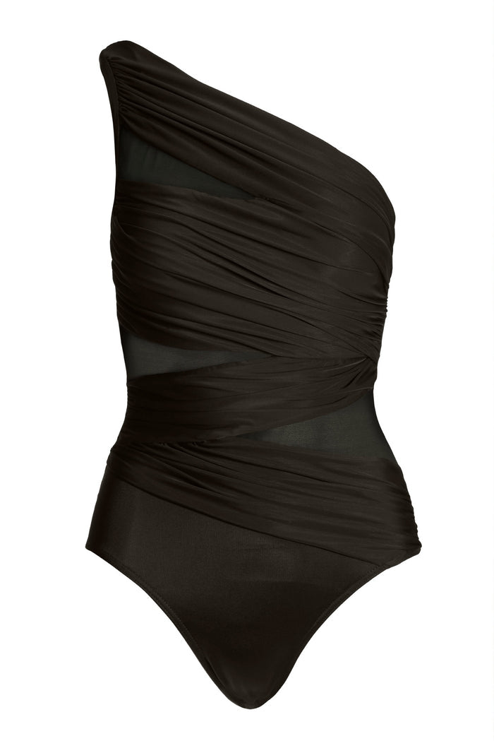 One Shoulder Mesh Illusion One Piece Swimsuit Black