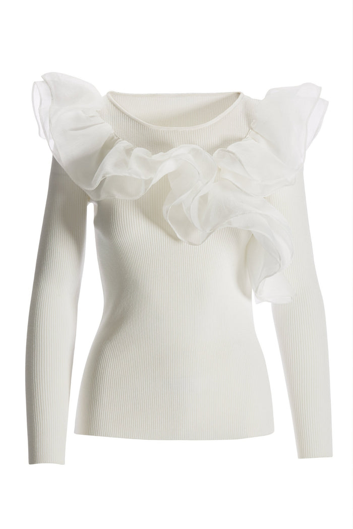 Organza Ruffle Sweater Off White