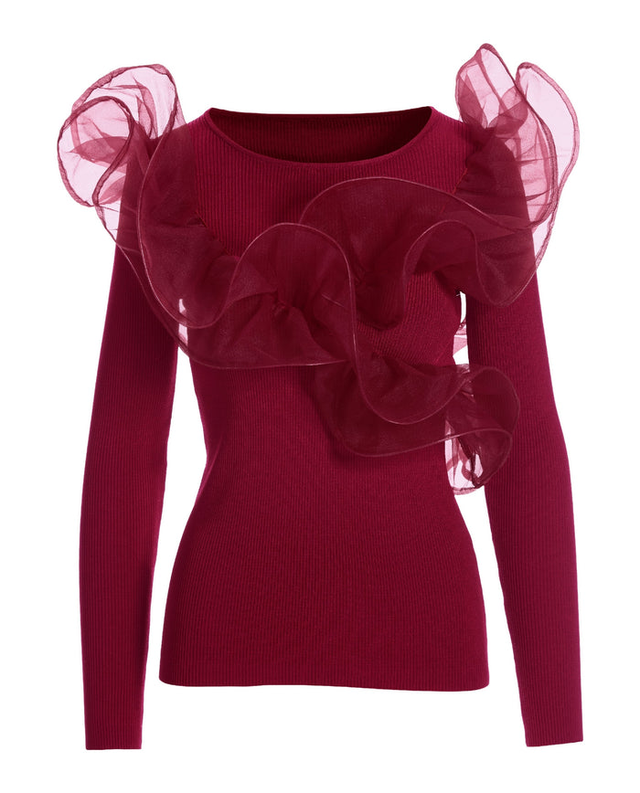 Organza Ruffle Sweater Red