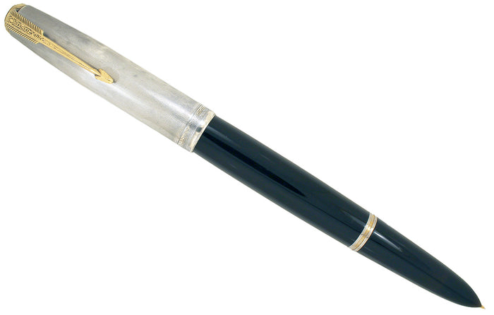 1945 PARKER 51 DOUBLE JEWEL FOUNTAIN PEN WITH STERLING CAP AND 14K BLIND CAP TASSEL IN RESTORED CONDITION OFFERED BY ANTIQUE DIGGER