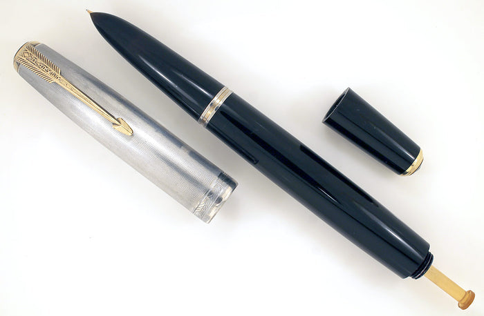1945 PARKER 51 DOUBLE JEWEL FOUNTAIN PEN WITH STERLING CAP AND 14K BLIND CAP TASSEL IN RESTORED CONDITION OFFERED BY ANTIQUE DIGGER