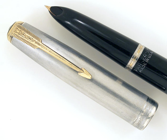 1945 PARKER 51 DOUBLE JEWEL FOUNTAIN PEN WITH STERLING CAP AND 14K BLIND CAP TASSEL IN RESTORED CONDITION OFFERED BY ANTIQUE DIGGER