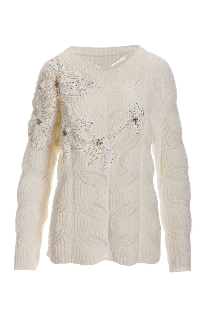 Pearl and Embellished Floral Open Stitch Sweater Off White