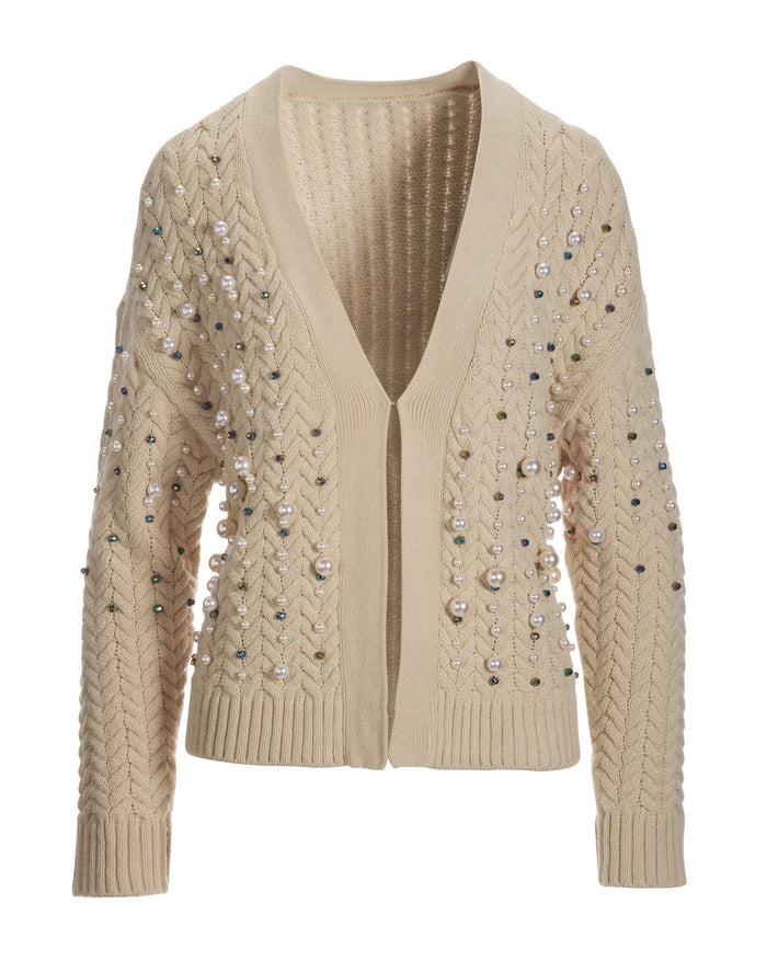 Pearl Embellished Cable Cardigan Tan