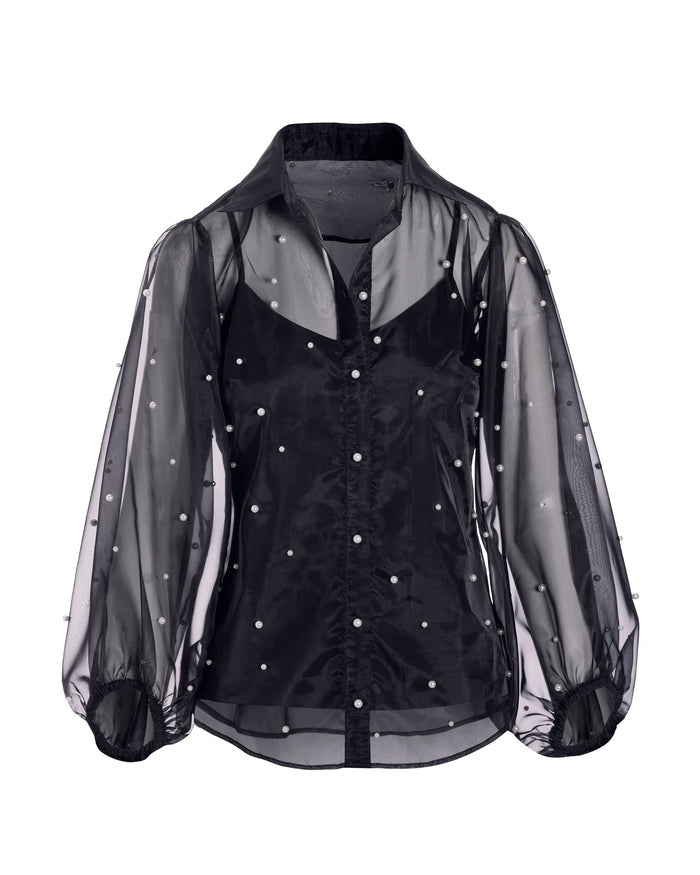 Pearl Embellished Organza Balloon Sleeve Shirt Black