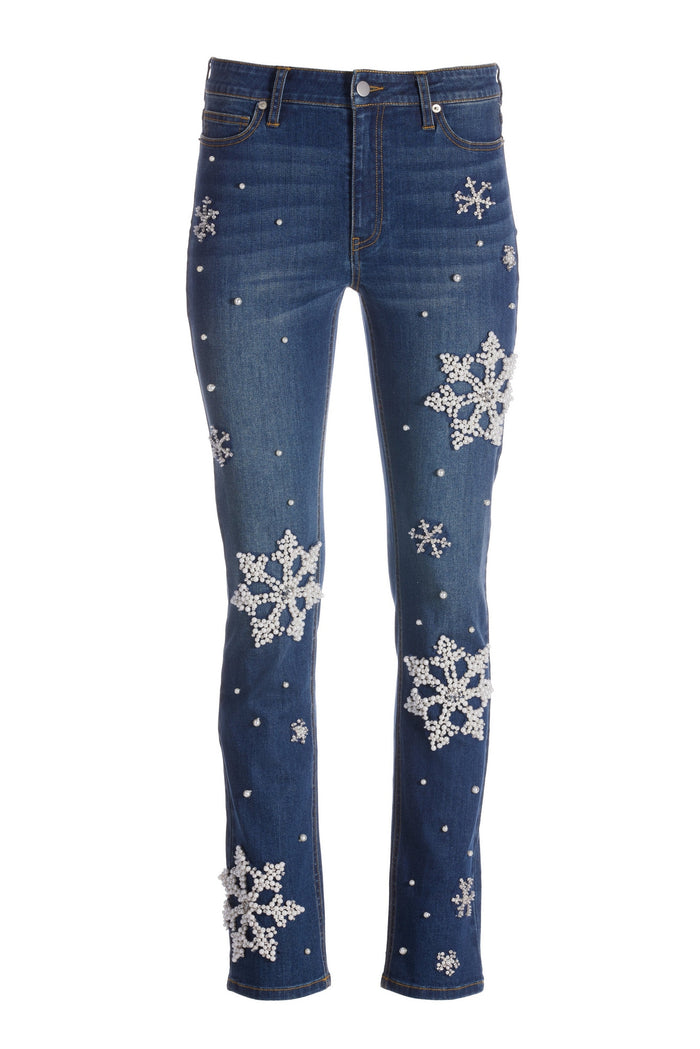 Pearl Embellished Snowflake Jean Med Wash Denim