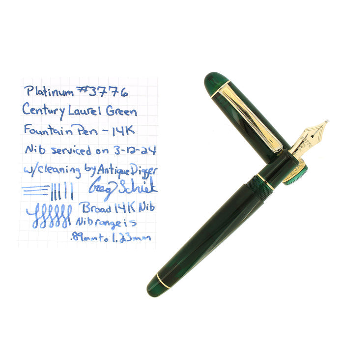 PLATINUM #3776 CENTURY LAUREL GREEN 14K DOUBLE BROAD NIB FOUNTAIN PEN