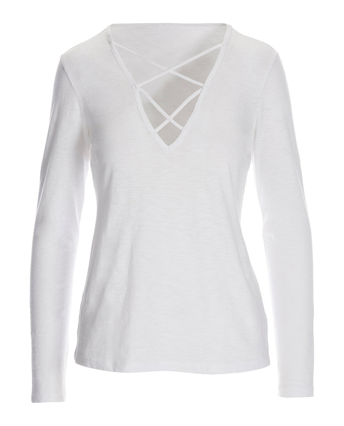 Plunging X Neck Long Sleeve Slub Tee White