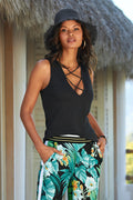 Plunging X Neck Slub Tank Black