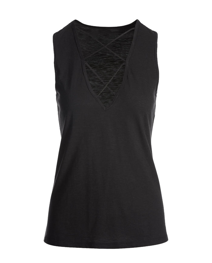Plunging X Neck Slub Tank Black