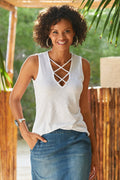 Plunging X Neck Slub Tank White