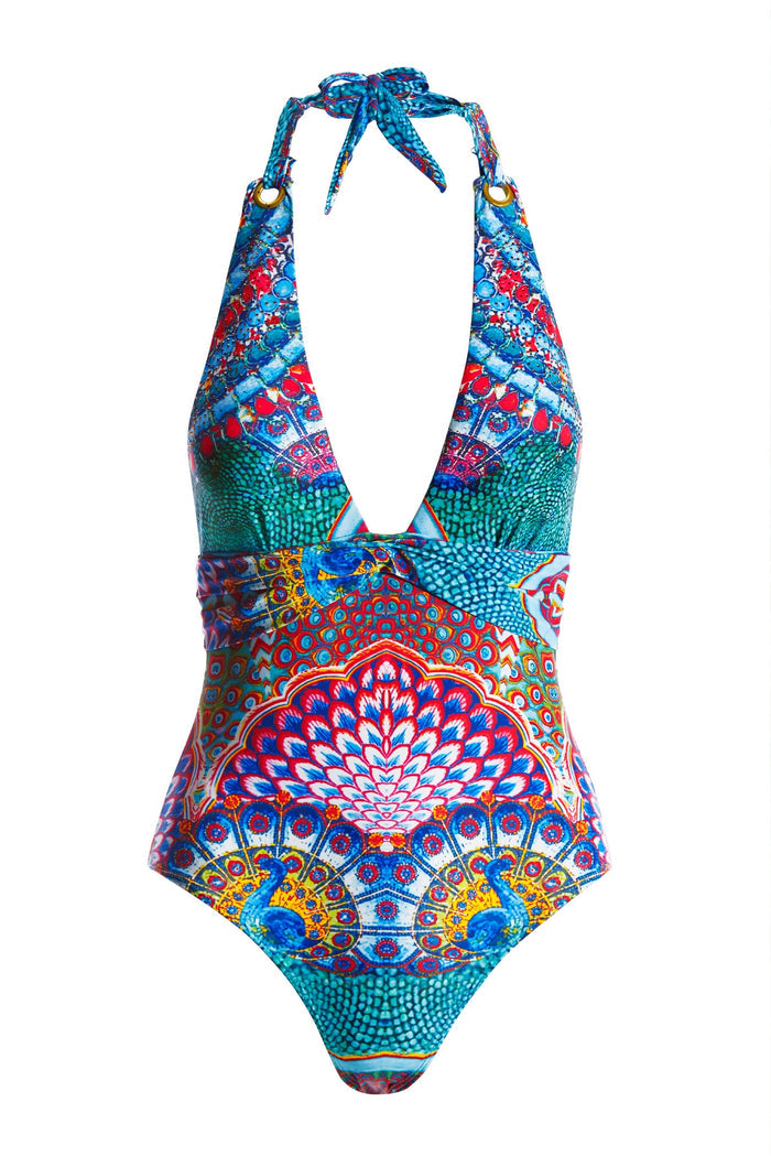 Printed Plunge Halter One Piece Swimsuit Multi