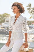 Puff Sleeve Collared Lace Peplum Blouse White