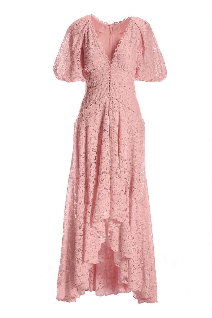 Puff Sleeve Lace High Low Dress Candy Pink