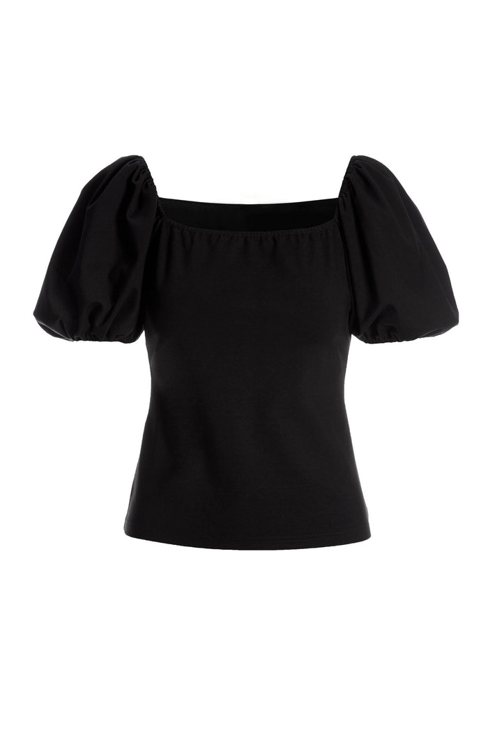 Puff-Sleeve Ponte Square Neck Top Black