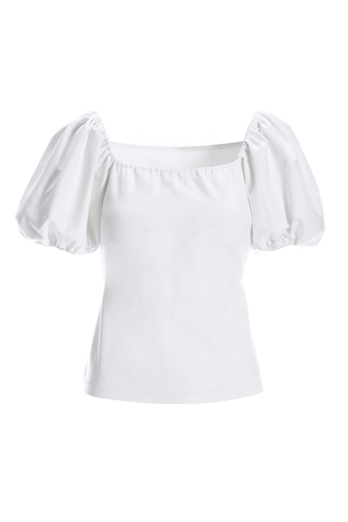 Puff-Sleeve Ponte Square Neck Top White