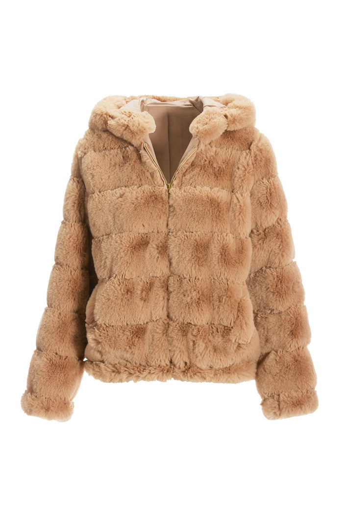Quilted Faux Fur Hooded Jacket Camel
