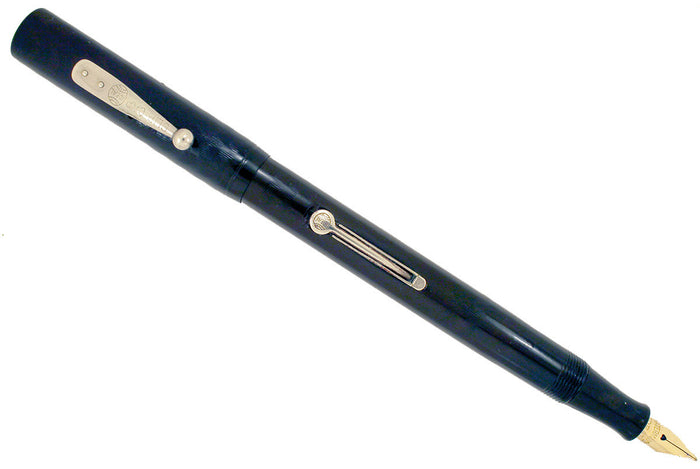 RESTORED 1920s WATERMAN 52 BLACK CHASED HARD RUBBER FOUNTAIN PEN WITH F to BBB+ FLEXIBLE NIB