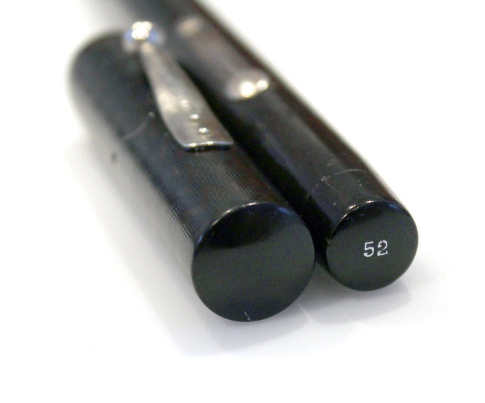 RESTORED 1920s WATERMAN 52 BLACK CHASED HARD RUBBER FOUNTAIN PEN WITH F to BBB+ FLEXIBLE NIB