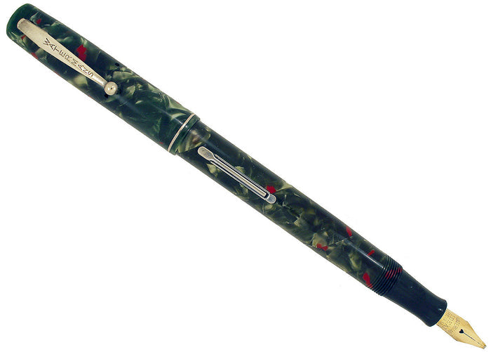 RESTORED 1930s WATERMAN #3 FOUNTAIN PEN GREEN AND RED QUARTZ WITH FLEXIBLE STUB NIB MADE IN CANADA