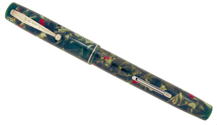 RESTORED 1930s WATERMAN #3 FOUNTAIN PEN GREEN AND RED QUARTZ WITH FLEXIBLE STUB NIB MADE IN CANADA