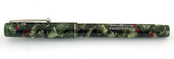 RESTORED 1930s WATERMAN #3 FOUNTAIN PEN GREEN AND RED QUARTZ WITH FLEXIBLE STUB NIB MADE IN CANADA