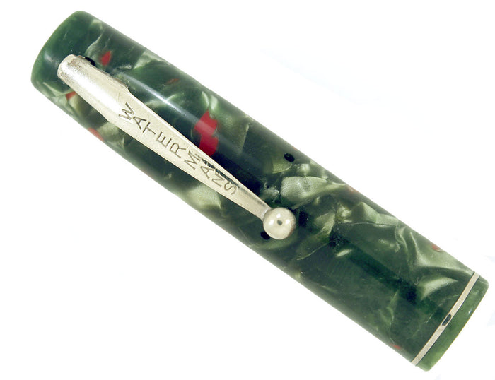 RESTORED 1930s WATERMAN #3 FOUNTAIN PEN GREEN AND RED QUARTZ WITH FLEXIBLE STUB NIB MADE IN CANADA