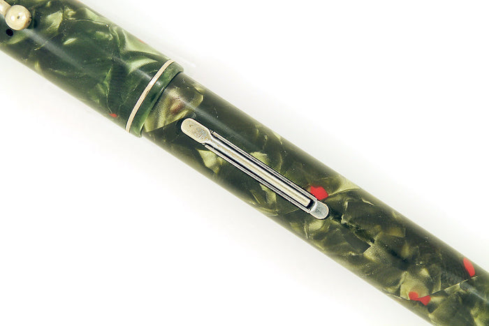 RESTORED 1930s WATERMAN #3 FOUNTAIN PEN GREEN AND RED QUARTZ WITH FLEXIBLE STUB NIB MADE IN CANADA