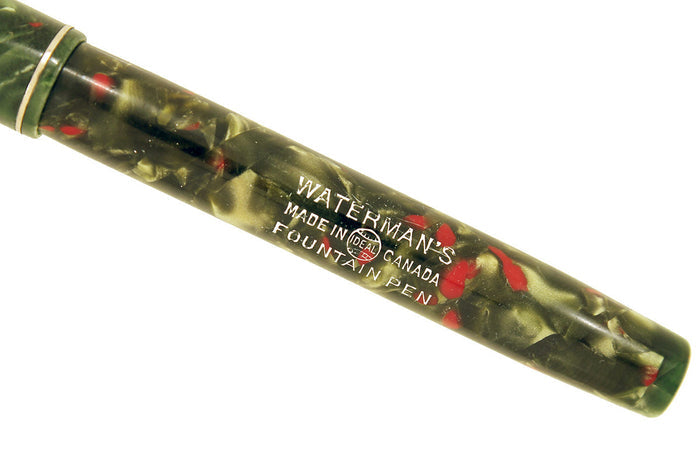 RESTORED 1930s WATERMAN #3 FOUNTAIN PEN GREEN AND RED QUARTZ WITH FLEXIBLE STUB NIB MADE IN CANADA