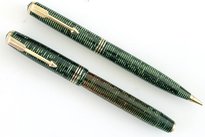 RESTORED 1936 PARKER EMERALD PEARL DOUBLE JEWEL VACUMATIC FOUNTAIN PEN SET